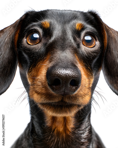 Extreme Close Up Portrait of a Black and Tan Dachshund Face on Isolated White Background