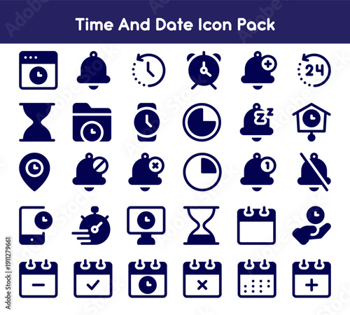 Minimal time, date, and location icons for navigation and planning. Includes clock, calendar, alarm, and map pin symbols in a clean outline vector style.
