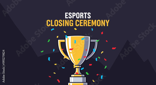Esports Closing Ceremony: Golden Trophy Amidst Confetti, Celebrating The Victory