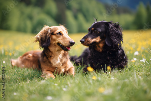 Two Long Haired Dachshund Dogs Sitting on Green Flower Meadow in Summer Park