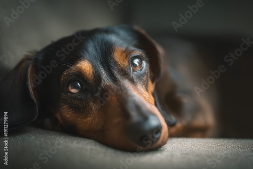 Close Up of a Sad Black and Tan Dachshund Dog Resting on Sofa with Melancholy Expression