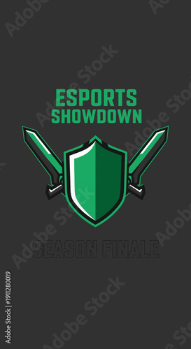 Esports Showdown: Season Finale Graphic Design Featuring Shield and Blade Imagery