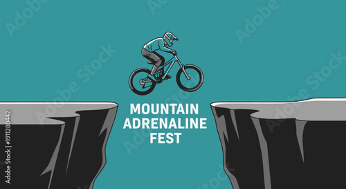 Extreme Mountain Bike Rider Leaping Between Cliffs Celebrating Adrenaline