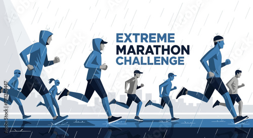 Extreme Marathon Runners Enduring Heavy Rain And Challenging Weather Conditions
