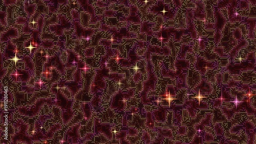 Vibrant circuit board pattern with glowing neon lights and stars