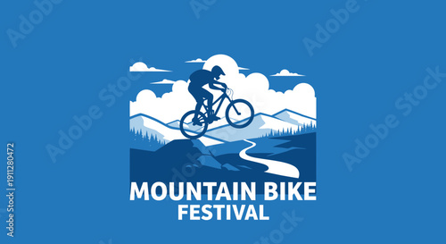Extreme Mountain Biker Silhouette Riding Down Rugged Trail Festive Atmosphere