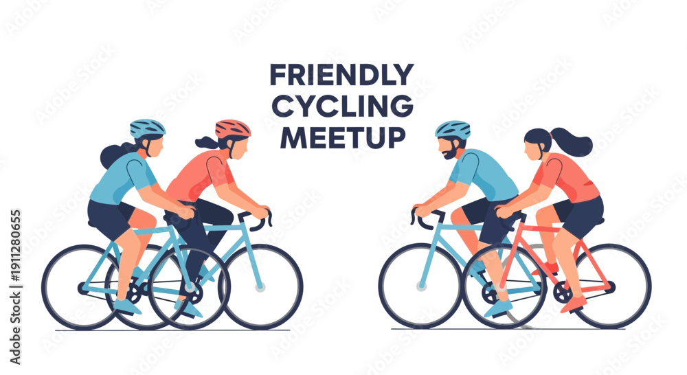 Obraz premium Friendly Cycling Meetup Illustration With Couples Riding Bicycles