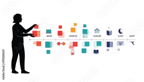 A person organizing a visual timeline of daily activities and life events represented by colorful blocks and icons.