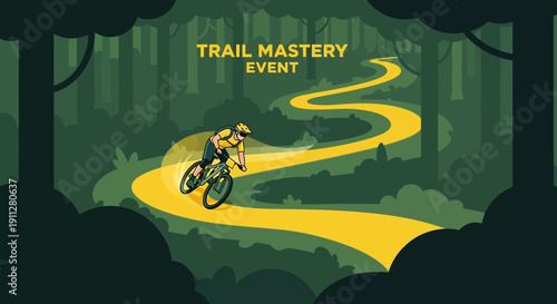 Forest Trail Cycling Event With Cyclist Following A Winding Path In Nature's Embrace
