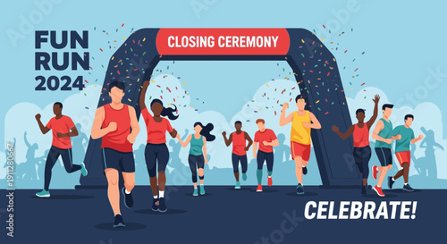 Fun Run 2024 Closing Ceremony Celebration With Runners Crossing The Finish Line And Confetti