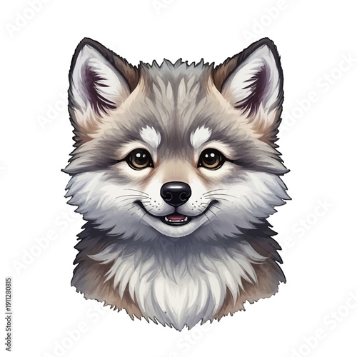 Adorable cartoon wolf head with fluffy fur and friendly expression.