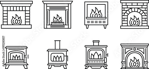 Fireplace and wood stove icons set line art heaters hearth flame home heating appliance illustration winter interior collection