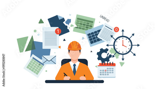 A professional in a hard hat managing multiple business tasks, documents, and schedules.