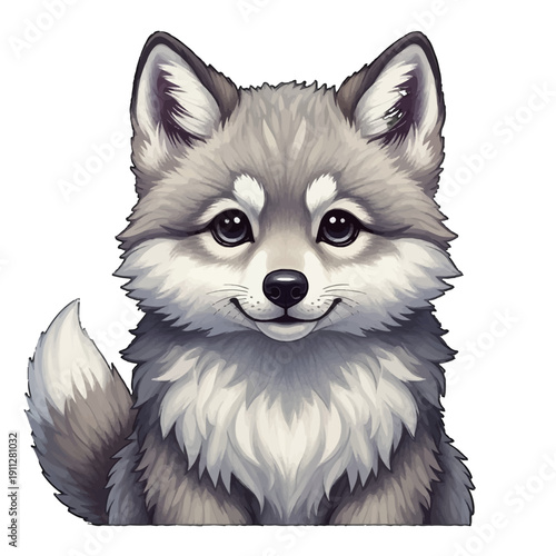 Adorable cartoon wolf puppy with fluffy fur and big eyes.