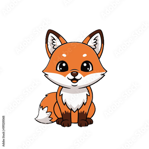 Adorable cartoon red fox with big eyes sitting on white background.