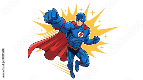 Vector illustration of a fun cartoon boy as a soccer hero character flying through an abstract background of colorful splashes and an artistic bird