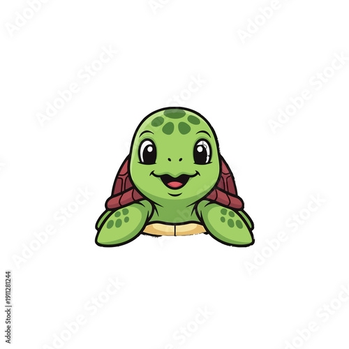 Cartoon illustration of a smiling green turtle with red flippers.