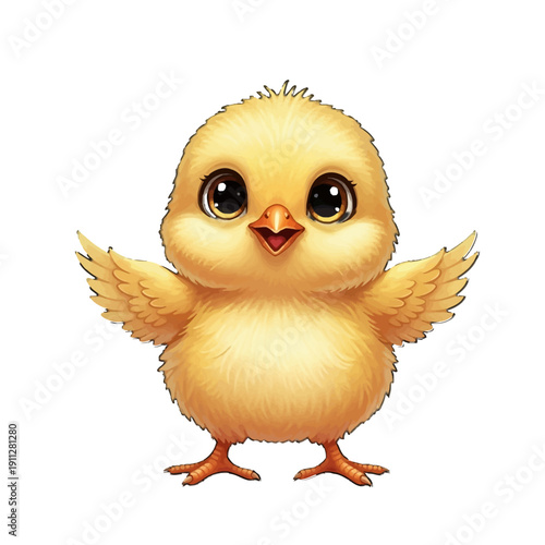 Adorable cartoon chick with fluffy yellow feathers and big eyes.