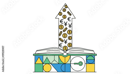 An illustration of an open book with geometric shapes, an upward arrow filled with currency symbols emerging, symbolizing knowledge leading to financial growth and value creation.