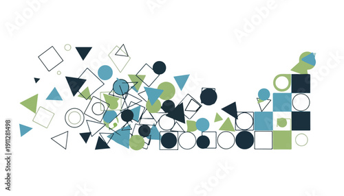A dynamic abstract composition of various geometric shapes in blue, green, and black, flowing and scattering across a white background.