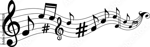 Abstract music notes illustration with flowing melody and treble clef, black musical staff silhouette for audio branding, posters, backgrounds, logos, creative sound design projects