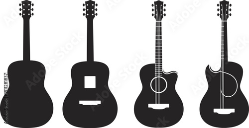 Acoustic guitar body silhouette collection featuring classic and modern designs, black vector musical instruments for music branding, education, posters, logos, concert promotion, and sound projects