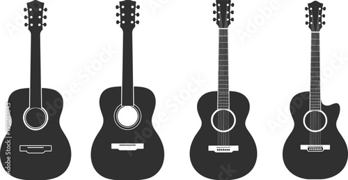 Acoustic guitar silhouette set showing classic and modern guitar bodies, black vector musical instruments for music education, concert posters, branding, logos, and audio design projects