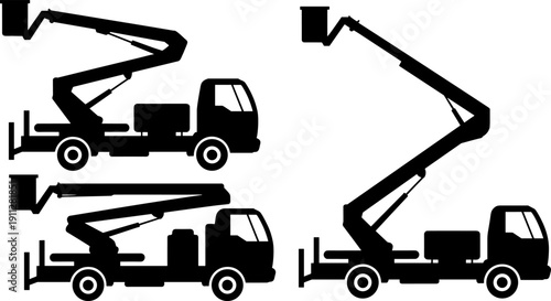 Aerial work platform truck silhouettes set isolated on white background, boom lift vehicles icons collection, construction maintenance equipment, industrial flat design illustration