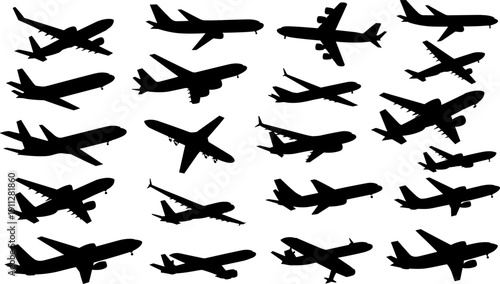 Airplane Silhouette Set with Various Commercial Passenger and Cargo Aircraft Angles, Black Aviation Jet Vector Icons Collection Isolated on White Background