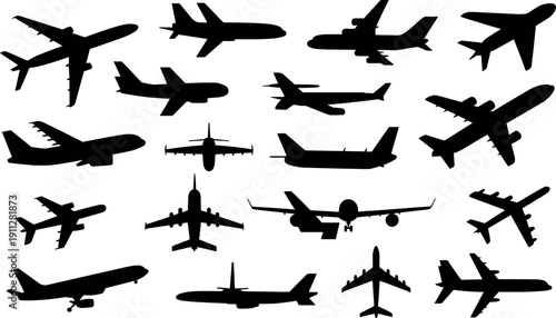 Airplane Silhouette Collection Featuring Commercial Passenger Jets in Multiple Angles, Black Aviation Aircraft Vector Icons Isolated on White Background for Graphic Design