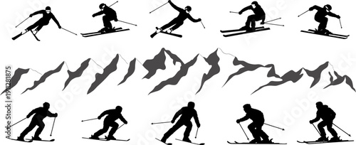 Alpine skiing silhouette collection with dynamic skier action poses and mountain range background, black vector illustration for winter sports, adventure, extreme outdoor design