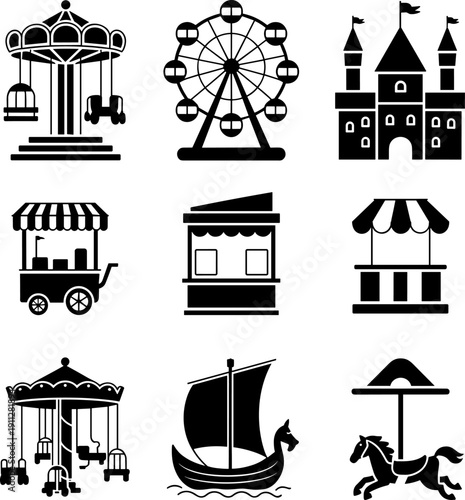 Amusement park and carnival silhouette icon set featuring carousel, Ferris wheel, castle, food stalls and fairground attractions isolated on white background