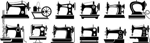 Antique and modern sewing machine silhouettes collection, black tailoring equipment icons set isolated on white background, detailed vector illustration for fashion and textile design