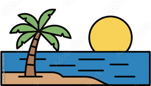 A simple, colorful illustration of a tropical beach with a palm tree, ocean, and a large yellow sun.