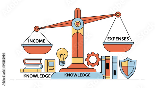 A detailed illustration of a balance scale weighing income against expenses, supported by knowledge and education.