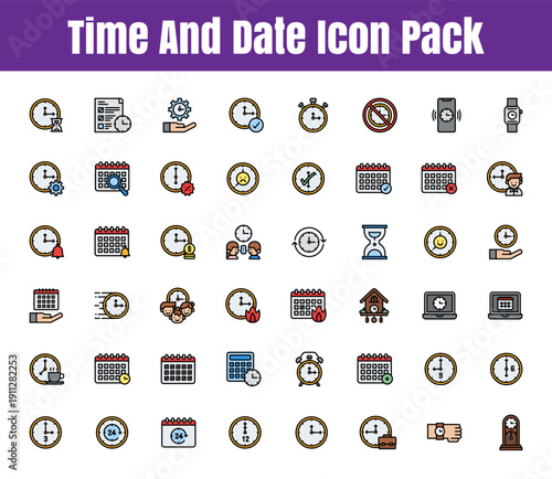 Minimal time, date, and location icons for navigation and planning. Includes clock, calendar, alarm, and map pin symbols in a clean outline vector style.