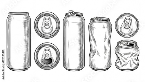 Collection of illustrations depicting aluminum beverage cans in various states, from pristine to crushed