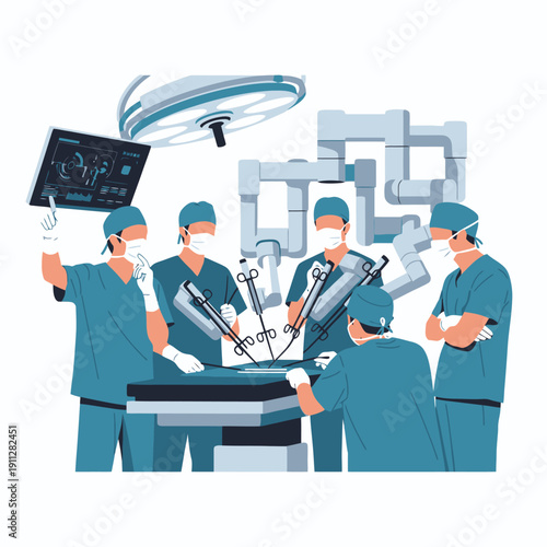 Medical Team Performing Surgery with Robotic Assistance in Operating Room
