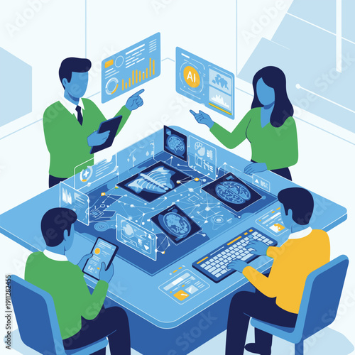 Medical researchers collaborate around a high tech analysis table with screens and tablets