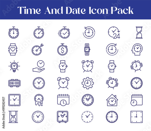 Minimal time, date, and location icons for navigation and planning. Includes clock, calendar, alarm, and map pin symbols in a clean outline vector style.