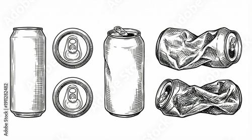 Set of various soda cans, some pristine and others crushed, presented in a vintage sketch illustration style