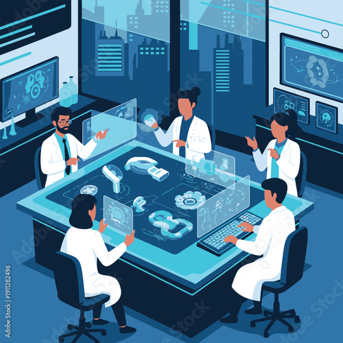 Medical Research Team Collaborating in High Tech Lab with Interactive Holographic Displays