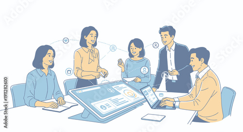 Team Collaboration Meeting Around Interactive Workplace Display