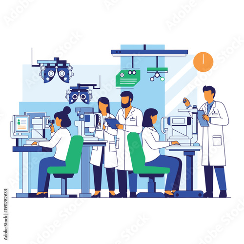 Medical research team operating in a modern laboratory with robotic eye equipment