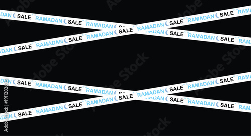 Abstract visual representation of repetitive sale labels on blue and white striped background