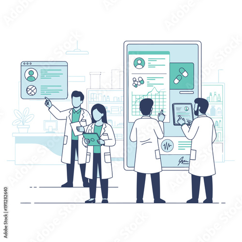 Medical professionals analyzing patient data on large touchscreen monitor in clinical setting