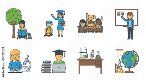 Schoolchildren and Education Scene with Teacher and Lab Equipment