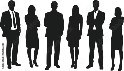 Flat vector illustration of diverse professional business silhouettes standing together in corporate attire representing teamwork, leadership, unity, communication, and workplace diversity concept