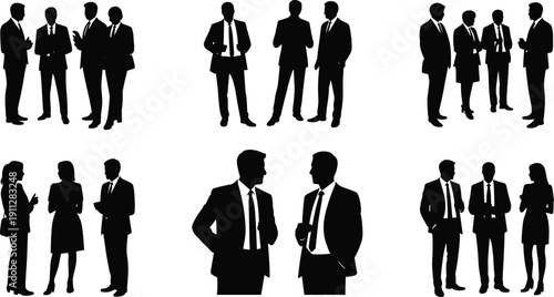 Flat vector illustration of business people silhouettes engaged in professional conversation representing teamwork, networking, communication, collaboration, and workplace diversity concept
