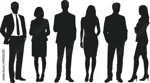 Flat vector illustration of diverse professional business team silhouettes standing together in corporate attire representing workplace diversity concept